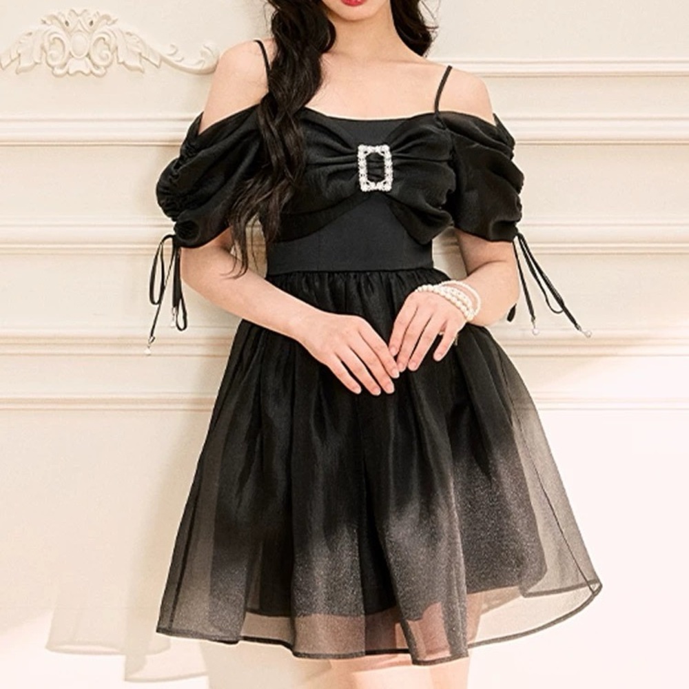 Japanese Kawaii Style Black Silver Crystal Charm Off Shoulder A-line Mini Dress